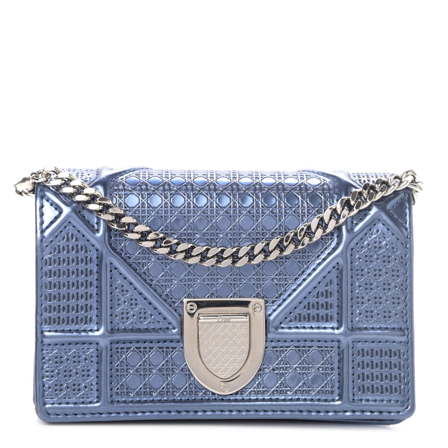 Metallic Patent Micro-Cannage Baby Diorama Flap Bag Blue
