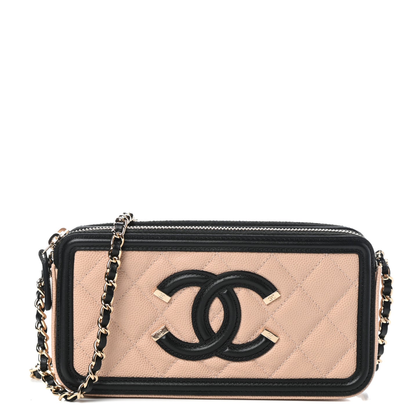 Caviar Quilted CC Filigree Clutch With Chain Beige Black