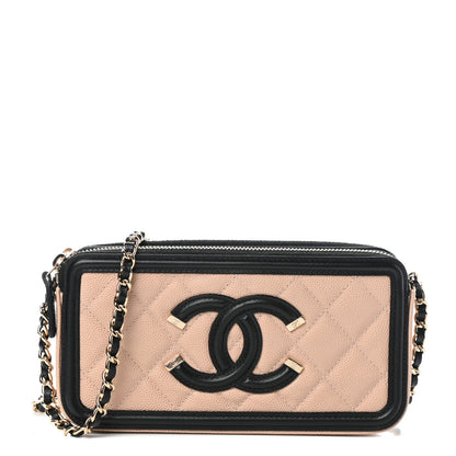 Chanel Caviar Quilted CC Filigree Clutch With Chain Beige Black 1 of 13
