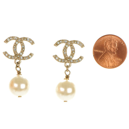 Chanel Crystal Pearl CC Drop Earrings Gold 2 of 5
