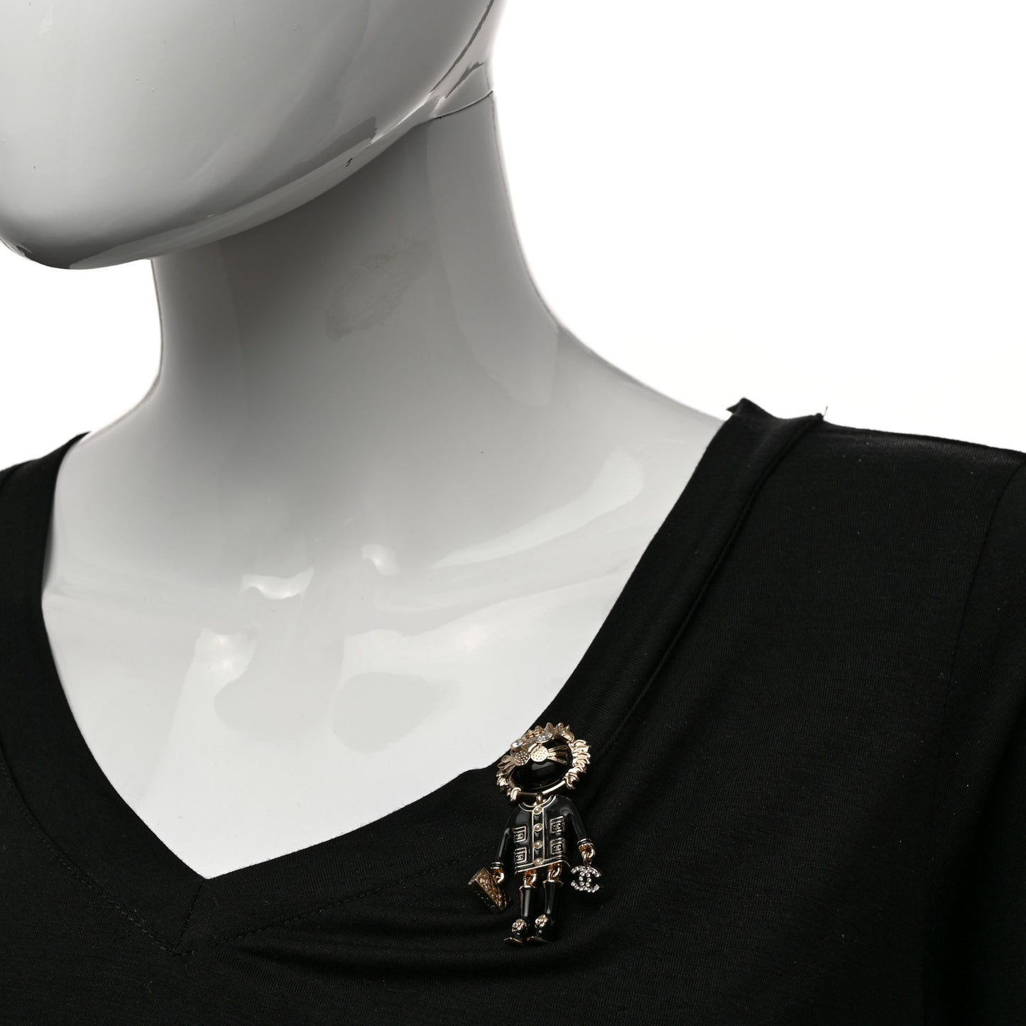 Enamel Crystal Pearl CC Lion Brooch Black White