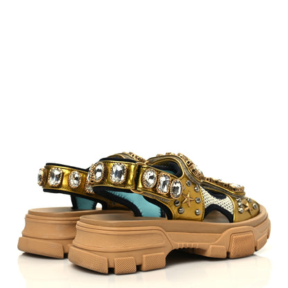 Gucci Silk Calfskin Mesh Crystal Embellished Studded Womens Aguru Sandals 36 Gold 4 of 9