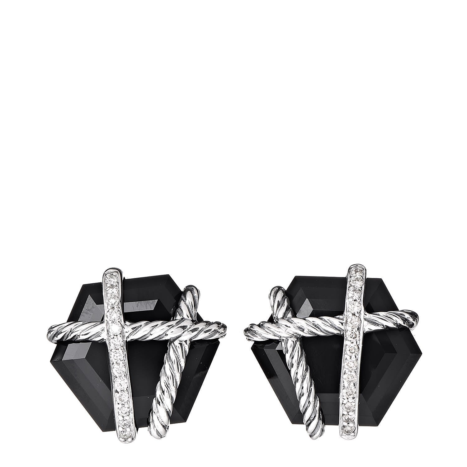 David Yurman Sterling Silver Diamond Black Onyx 14mm Cable Wrap Earrings 1 of 4