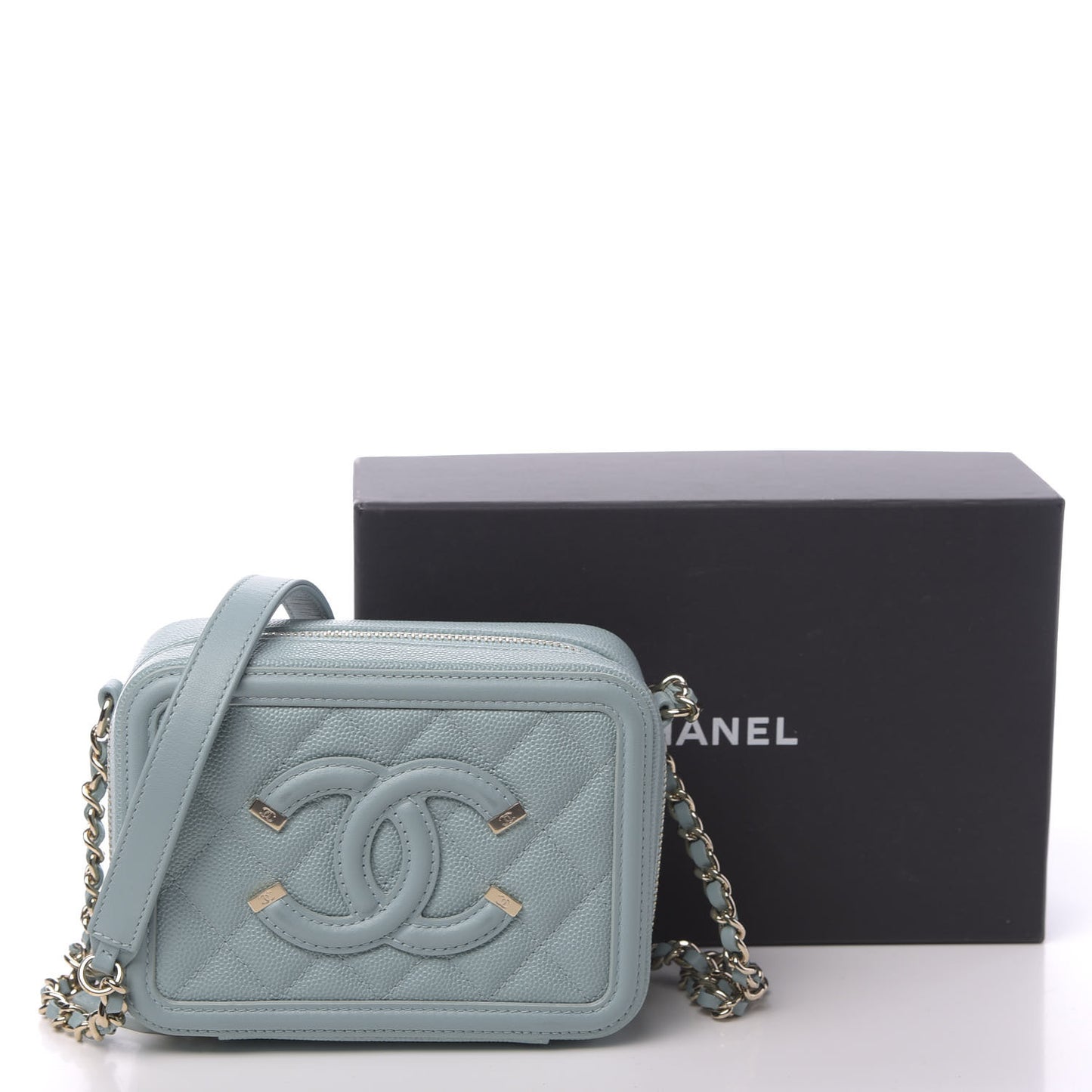 Caviar Quilted Filigree Vanity Clutch With Chain Light Blue