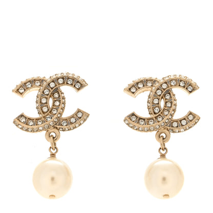 Chanel Crystal Pearl CC Drop Earrings Gold 1 of 5
