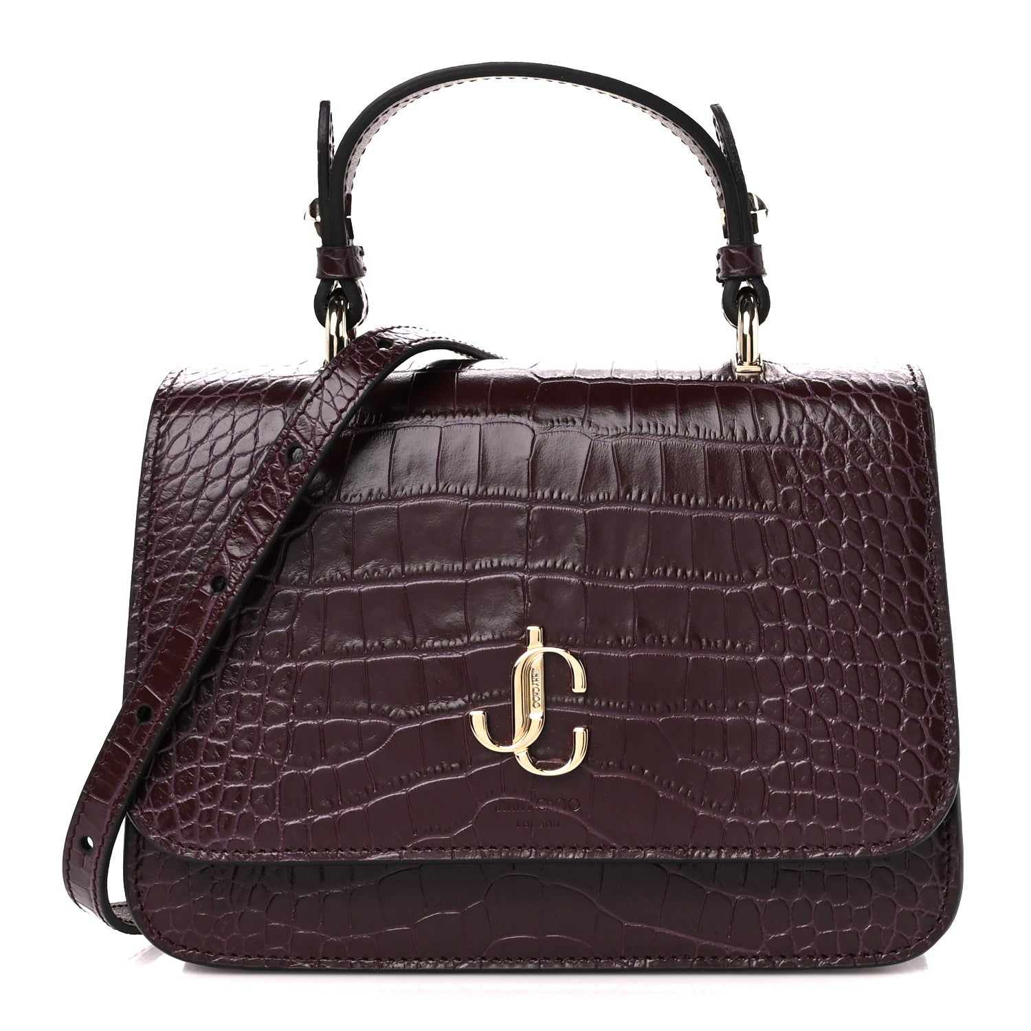 Jimmy Choo Calfskin Crocodile Embossed Medium JC Top Handle Bordeaux 1 of 10