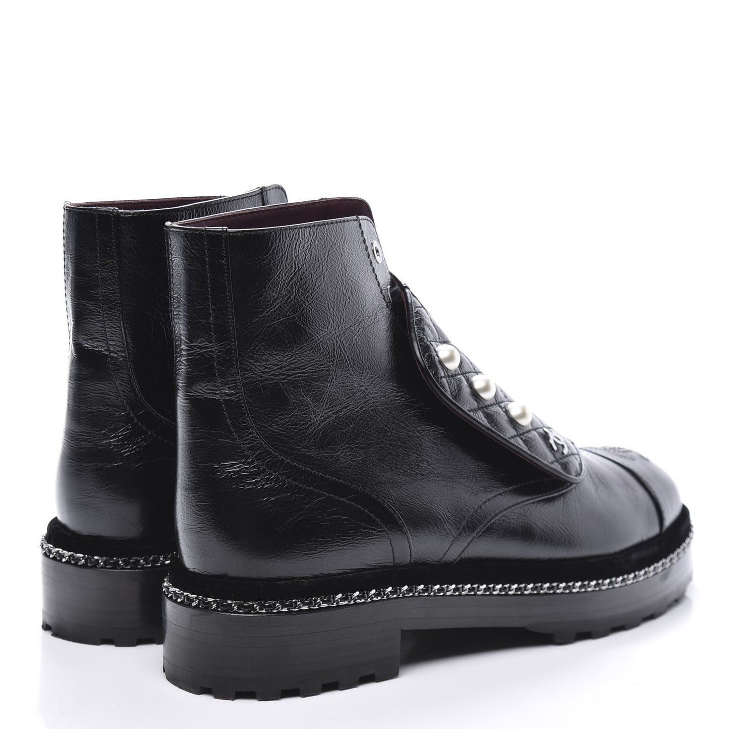 Crackled Calfskin Velvet Pearl Combat Short Boots 40 Black