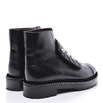 Chanel Crackled Calfskin Velvet Pearl Combat Short Boots 40 Black 1 of 8