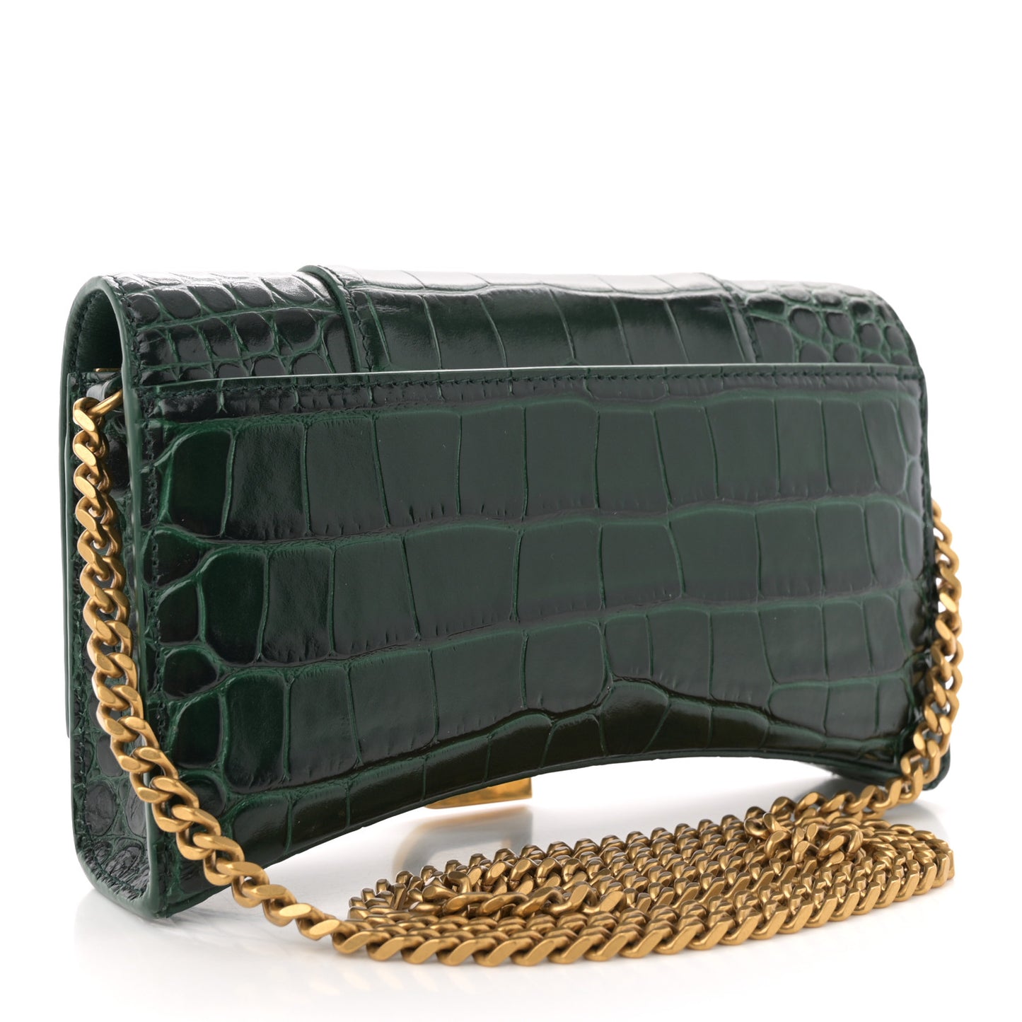 Shiny Calfskin Crocodile Embossed Hourglass Chain Bag Forest Green