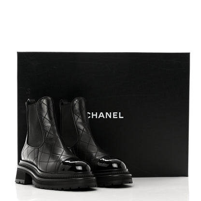 Chanel Calfskin Patent Cap Toe Quilted Short Boots 36.5 Black 9 of 9