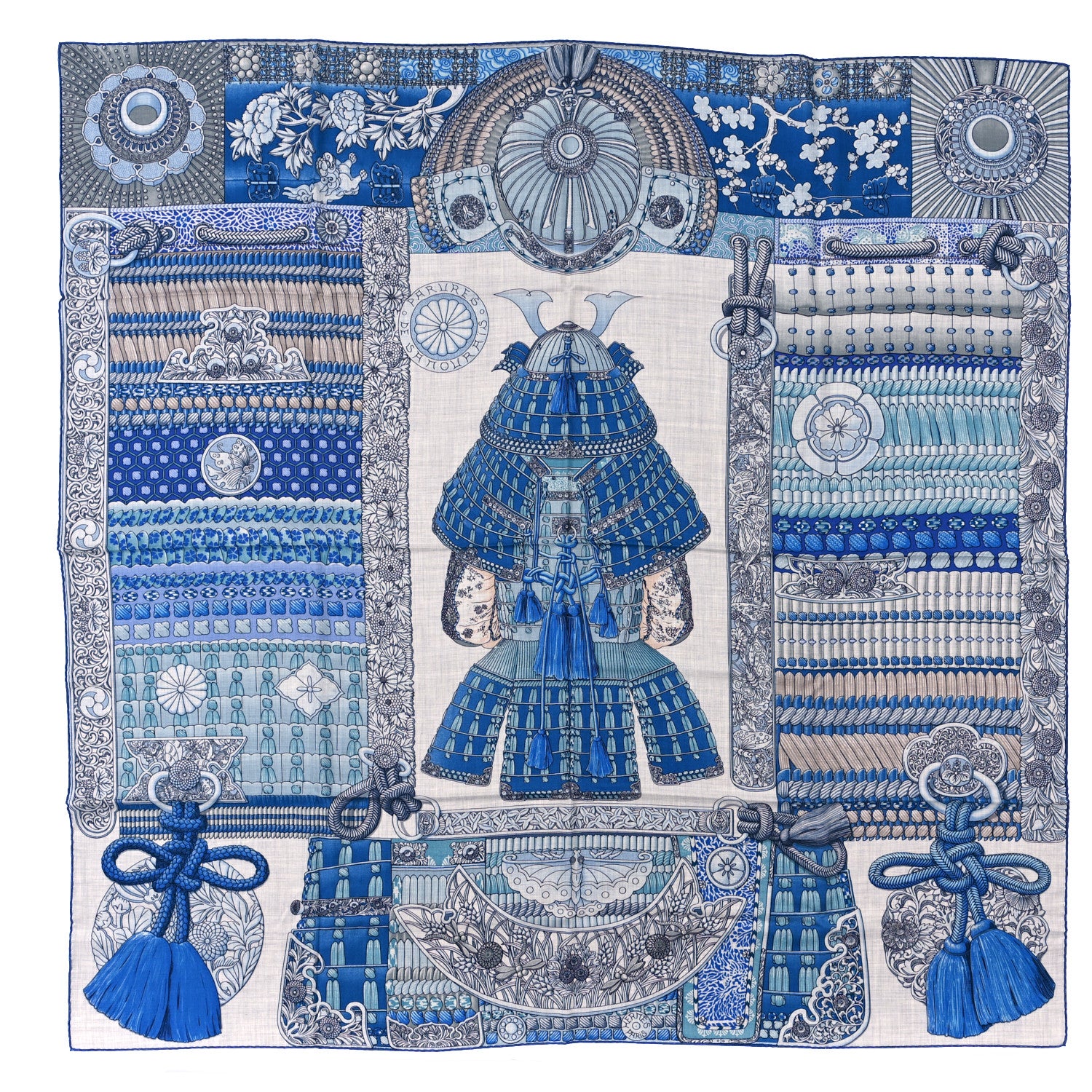 Hermes Cashmere Silk Parures De Samourais Shawl 140 Gris Chine Bleu Gris 1 of 5