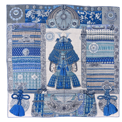 Hermes Cashmere Silk Parures De Samourais Shawl 140 Gris Chine Bleu Gris 1 of 5