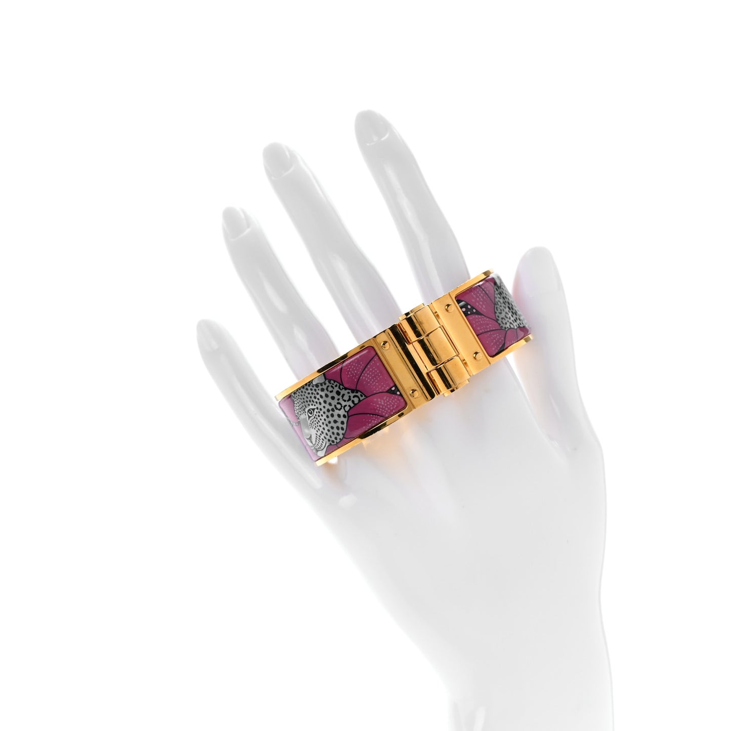 Enamel Printed Charniere Baobab Cat Wide Hinged Bracelet L Faux Gris