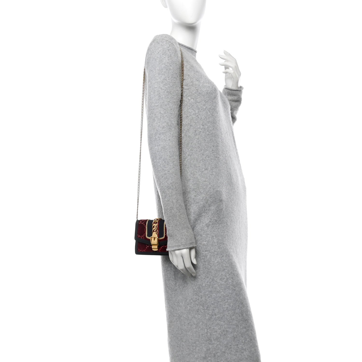 Gucci Velvet GG Monogram Super Mini Sylvie Chain Shoulder Bag Red Cipria Black 2 of 7