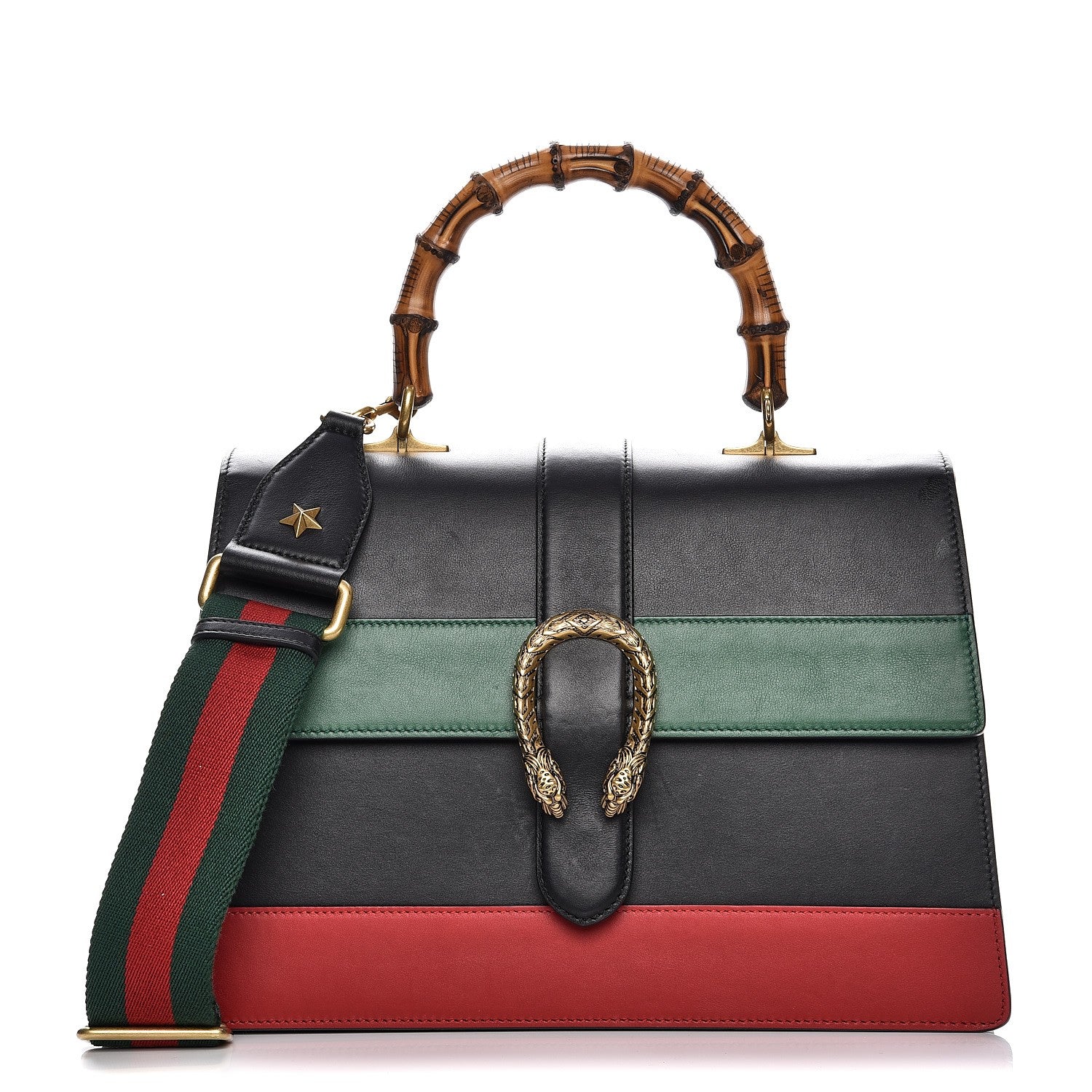 Gucci Calfskin Bamboo Web Large Dionysus Top Handle Bag Black Bright Evergreen Hibiscus Red 1 of 12