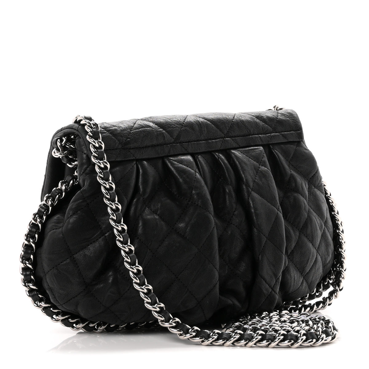 Washed Lambskin Quilted Medium Chain Around Messenger Black
