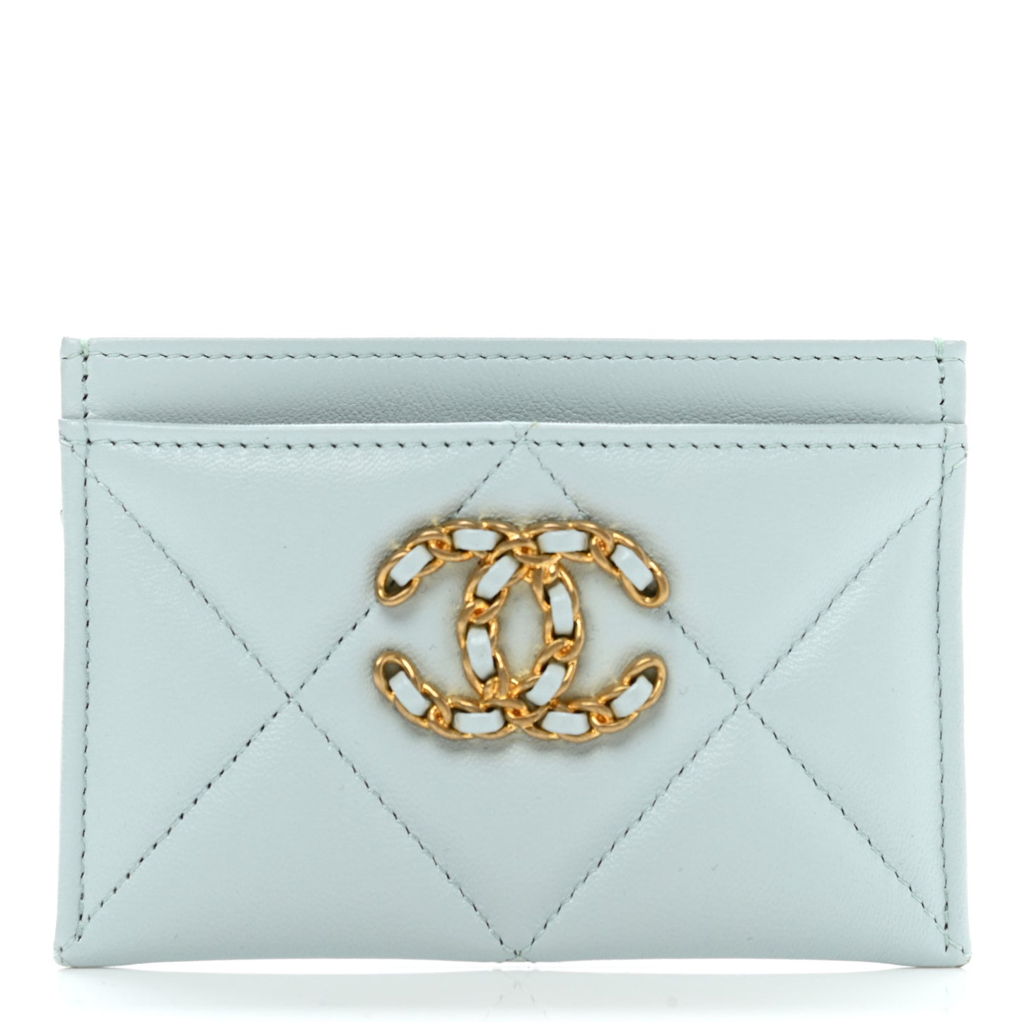 Lambskin Quilted Chanel 19 Card Holder Light Blue