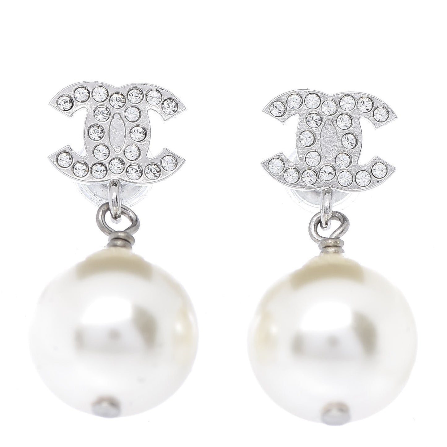 Crystal Pearl CC Drop Earrings Silver