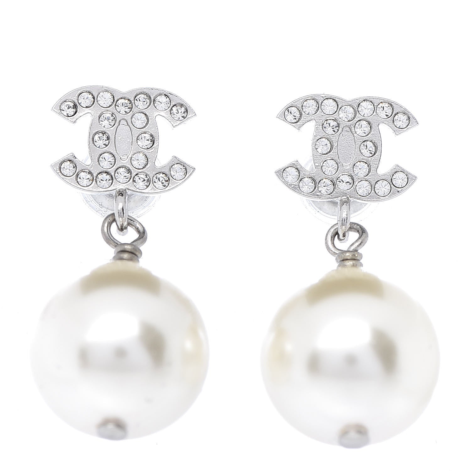 Chanel Crystal Pearl CC Drop Earrings Silver 1 of 4