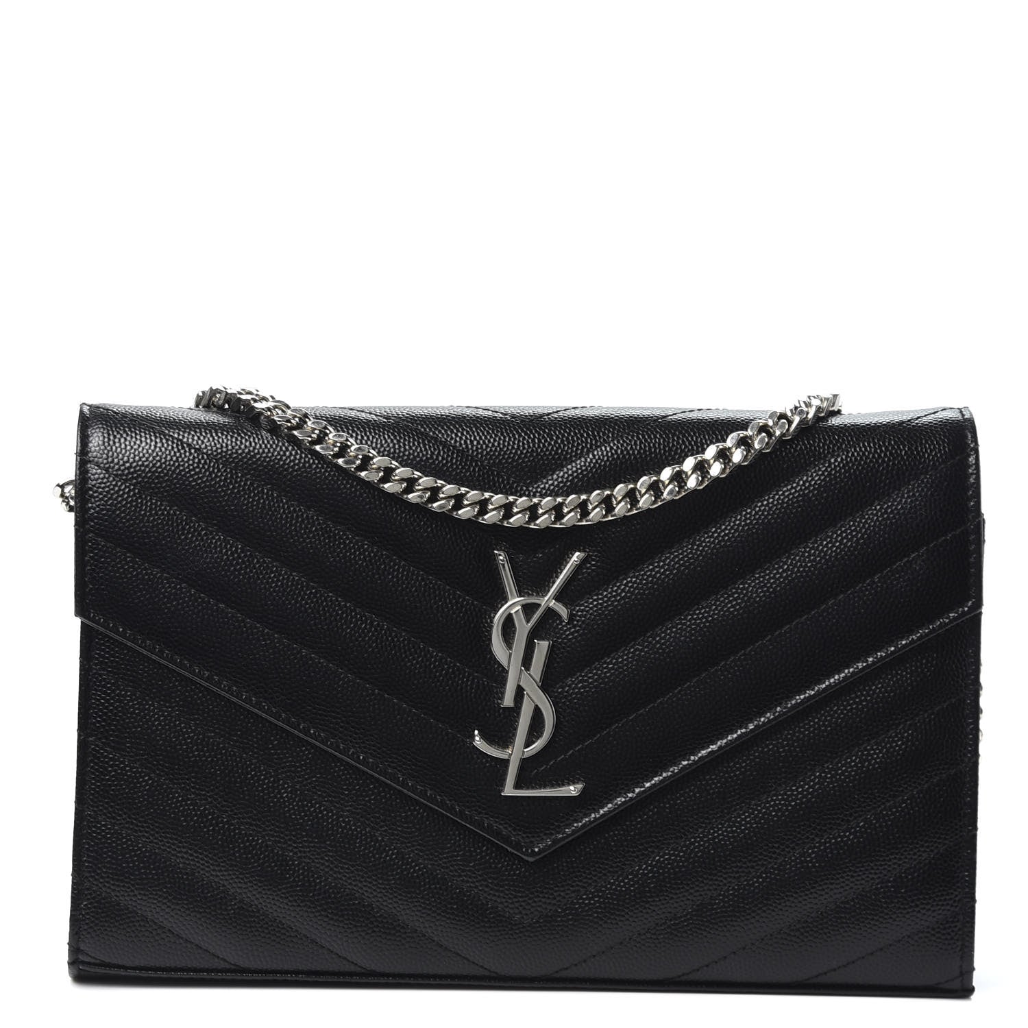 Saint Laurent Grain De Poudre Matelasse Chevron Monogram Chain Wallet Black 1 of 9