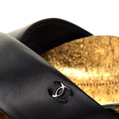 Chanel Lambskin CC Cross Strap Mule Sandals 36 Black Gold 9 of 10