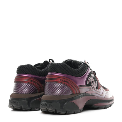 Chanel Fabric Laminated Calfskin Stretch CC Womens Sneakers 37.5 Black Purple Burgundy 5 of 12
