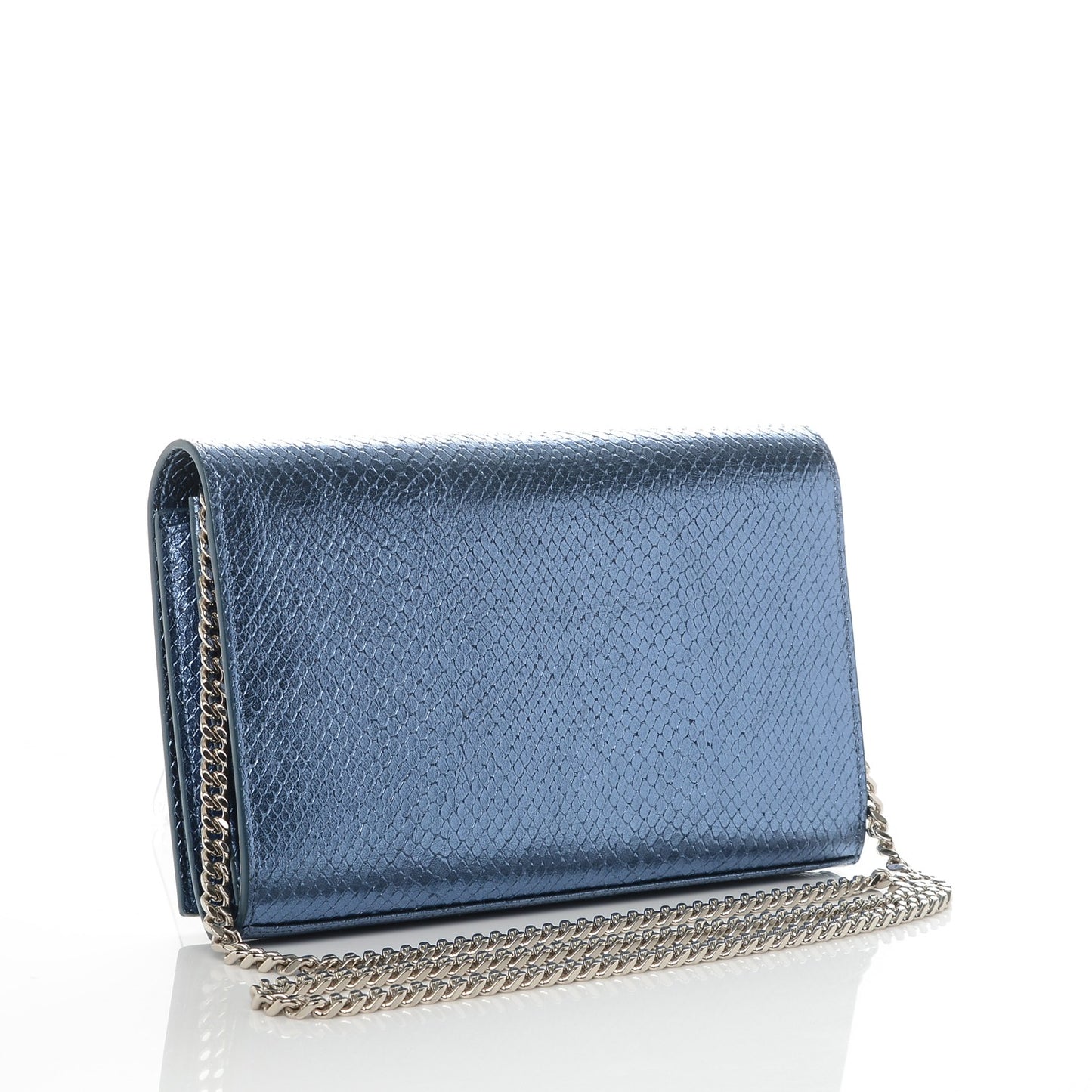 Metallic Calfskin Python Embossed Monogram Chain Wallet Blue Jeans