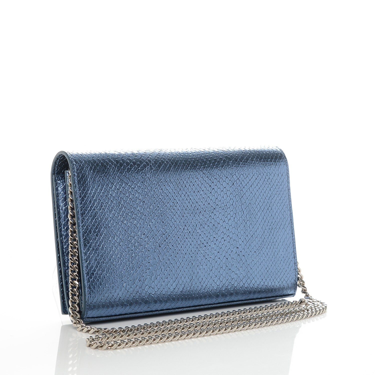 Saint Laurent Metallic Calfskin Python Embossed Monogram Chain Wallet Blue Jeans 3 of 7
