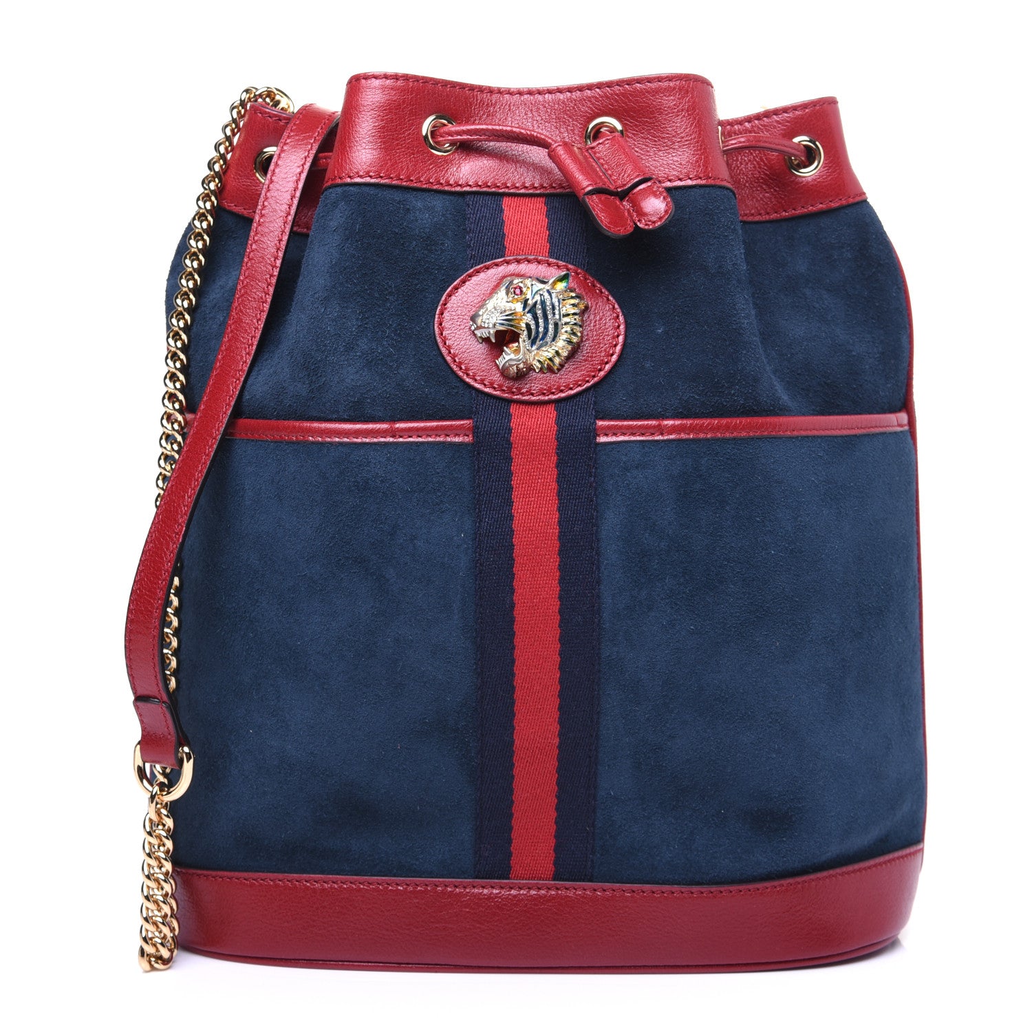 Gucci Suede Calfskin Web Medium Rajah Bucket Bag New Blue Romantic Cherry 1 of 13