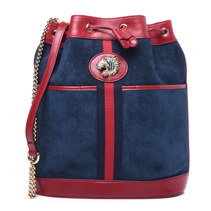 Gucci Suede Calfskin Web Medium Rajah Bucket Bag New Blue Romantic Cherry 1 of 13