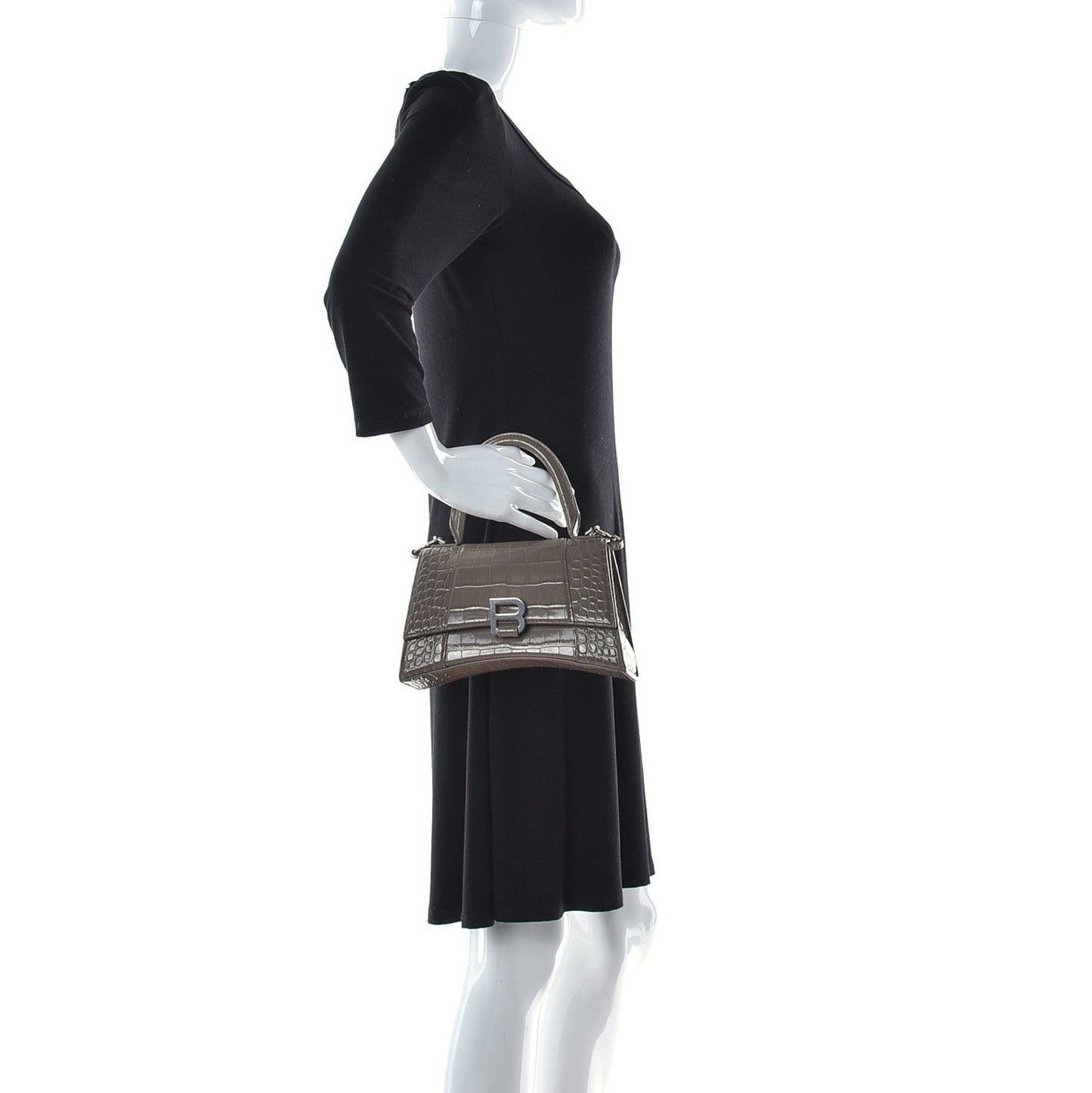 Shiny Calfskin Crocodile Embossed Small Hourglass Top Handle Bag Mink Grey