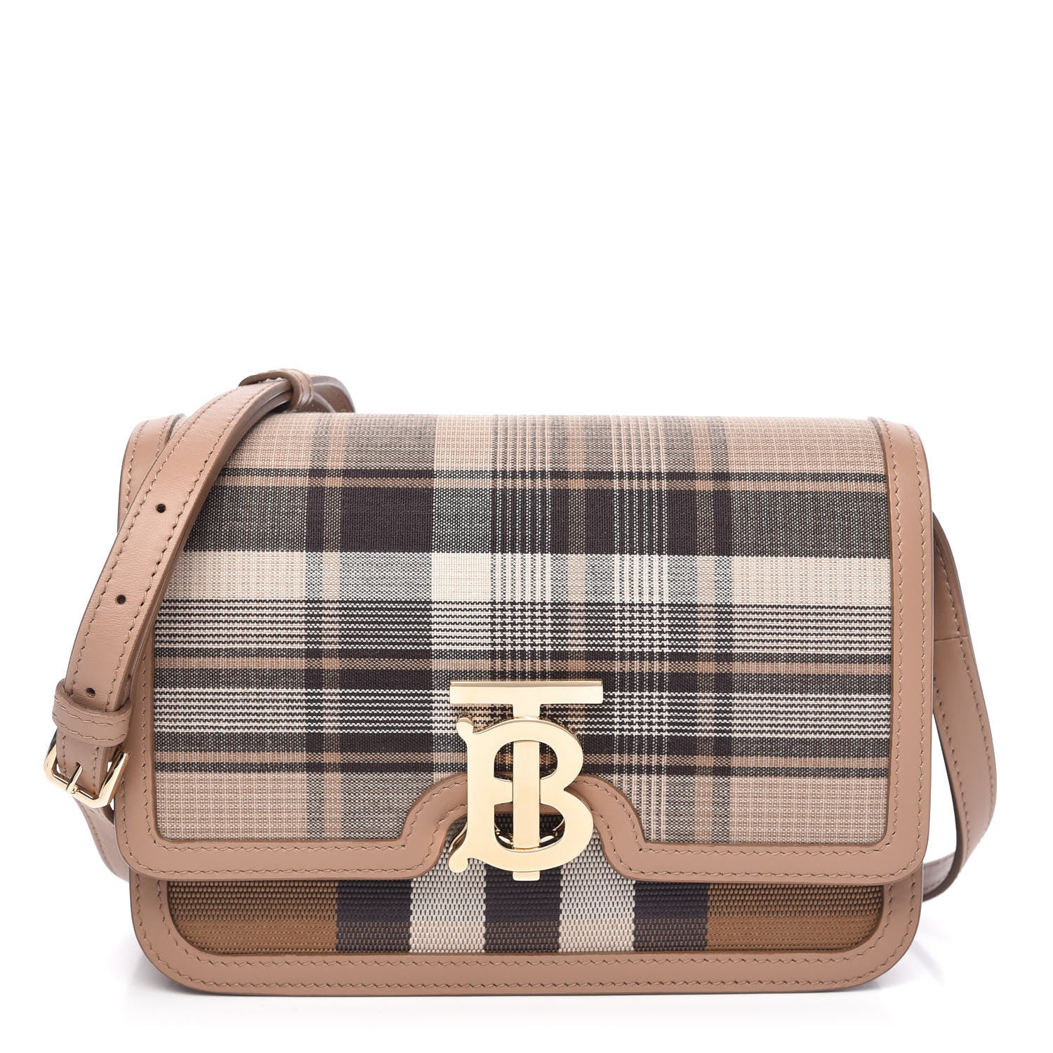 Burberry Calfskin Tartan Print Small TB Bag Light Fawn 1 of 9