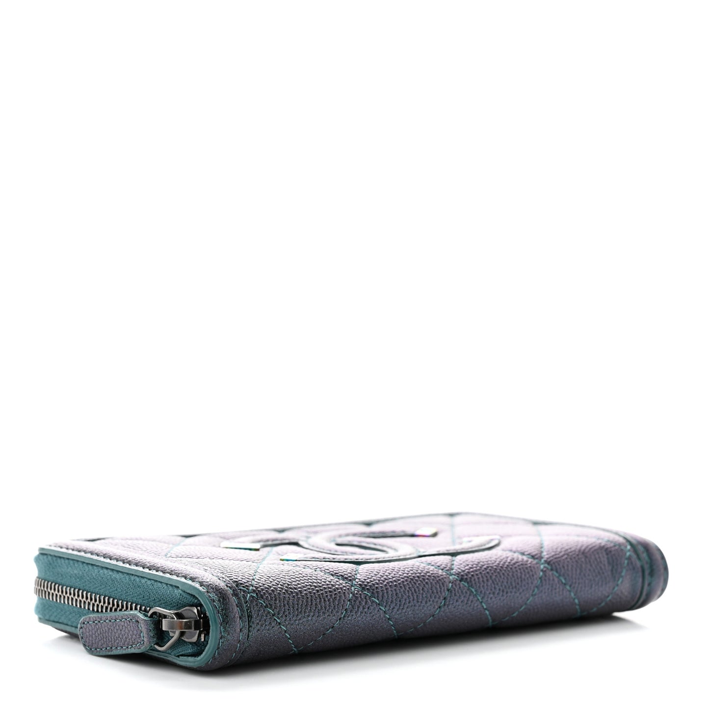 Iridescent Caviar Quilted Medium Filigree Zip Around Wallet Dark Turquoise