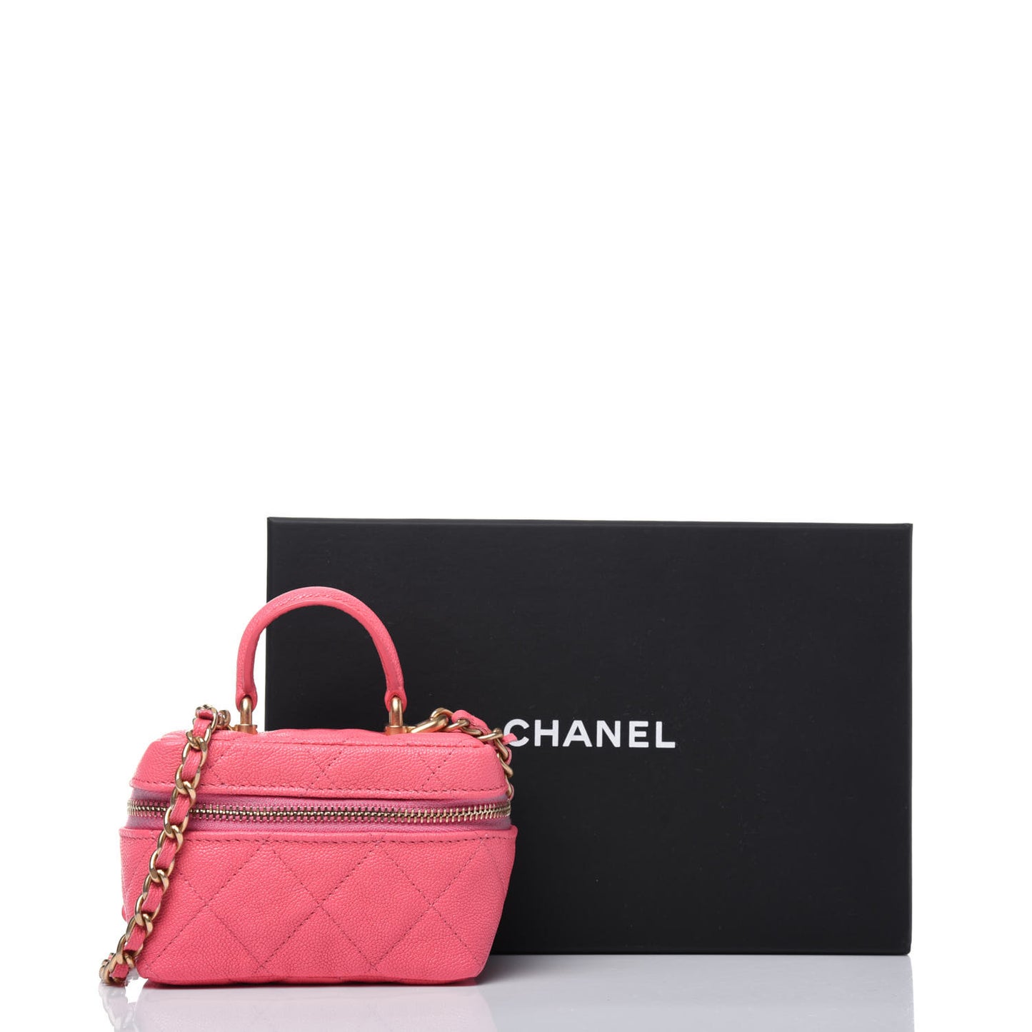 Caviar Quilted Mini Top Handle Vanity With Chain Pink