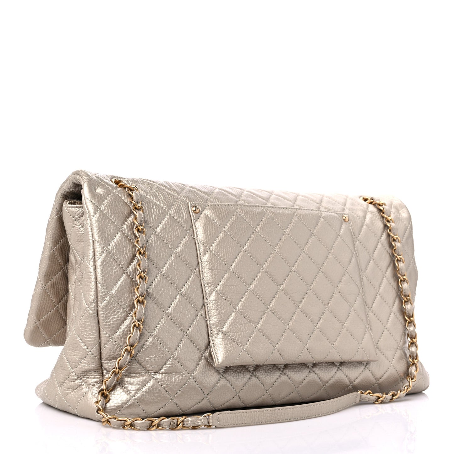Metallic Calfskin Quilted XXL Travel Flap Bag Gold