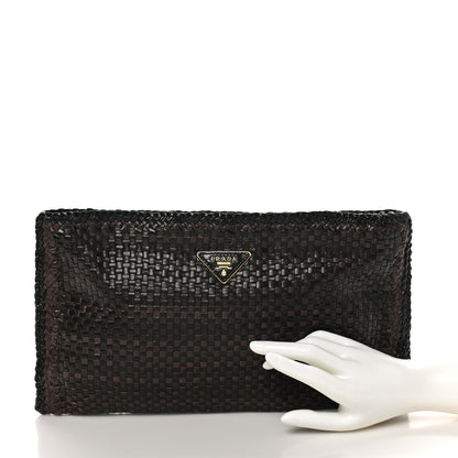 Prada Goatskin Woven Zip Clutch Moro Black 2 of 6