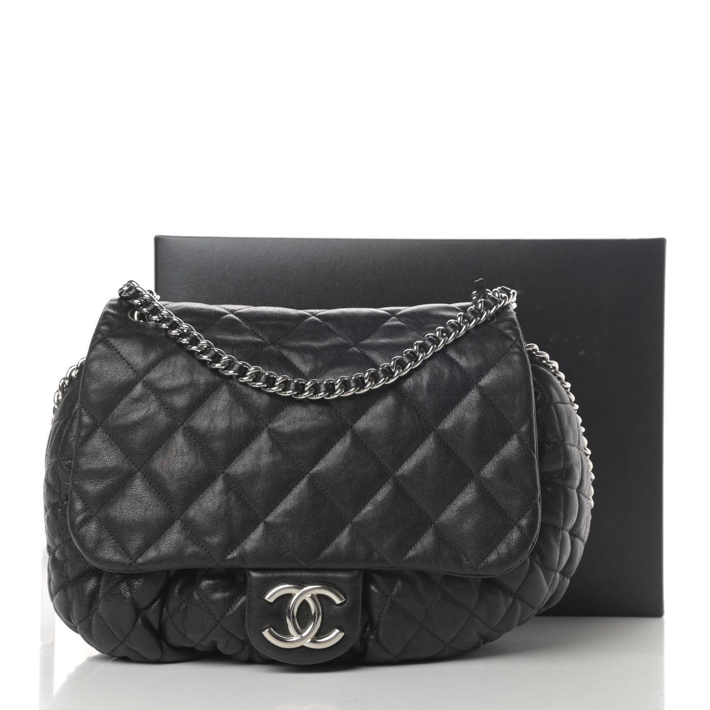 Washed Lambskin Quilted Large Chain Around Flap Black