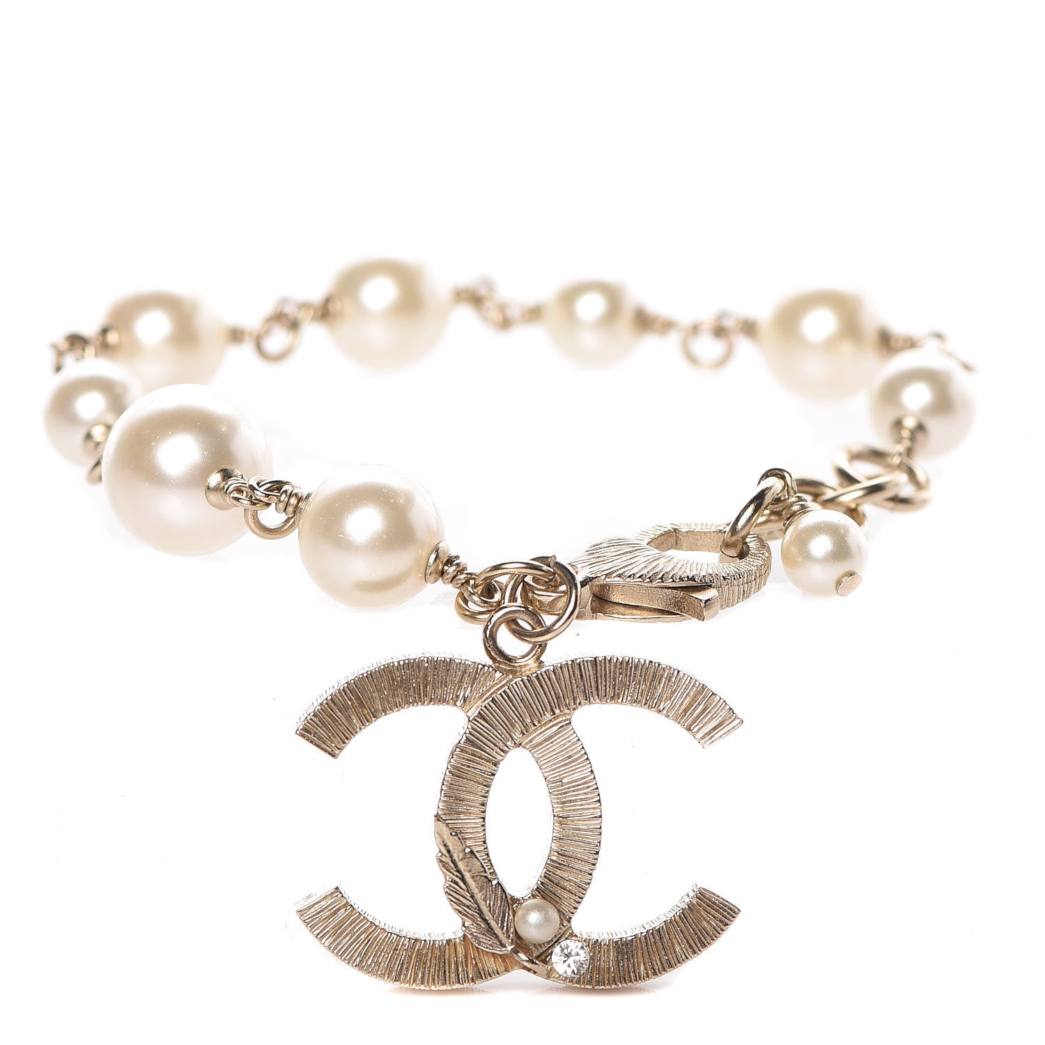 Chanel Crystal Pearl Leaf CC Bracelet Gold 1 of 7