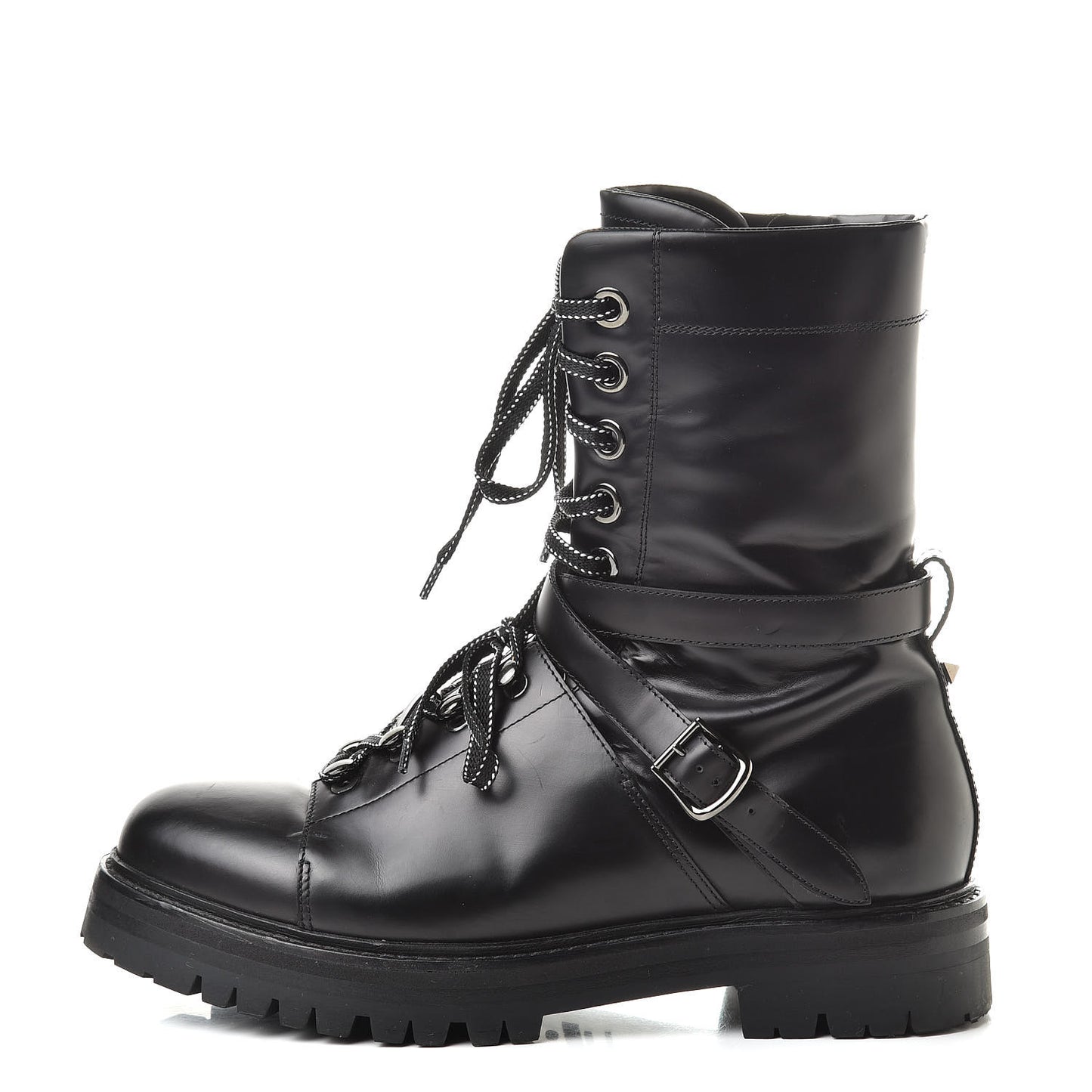 Smooth Calfskin Rockstud Buckled 25mm Combat Boots 40 Black