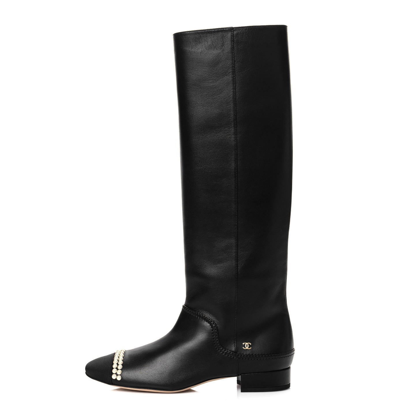 Calfskin Grosgrain Pearl Cap Toe High Boots 38 Black