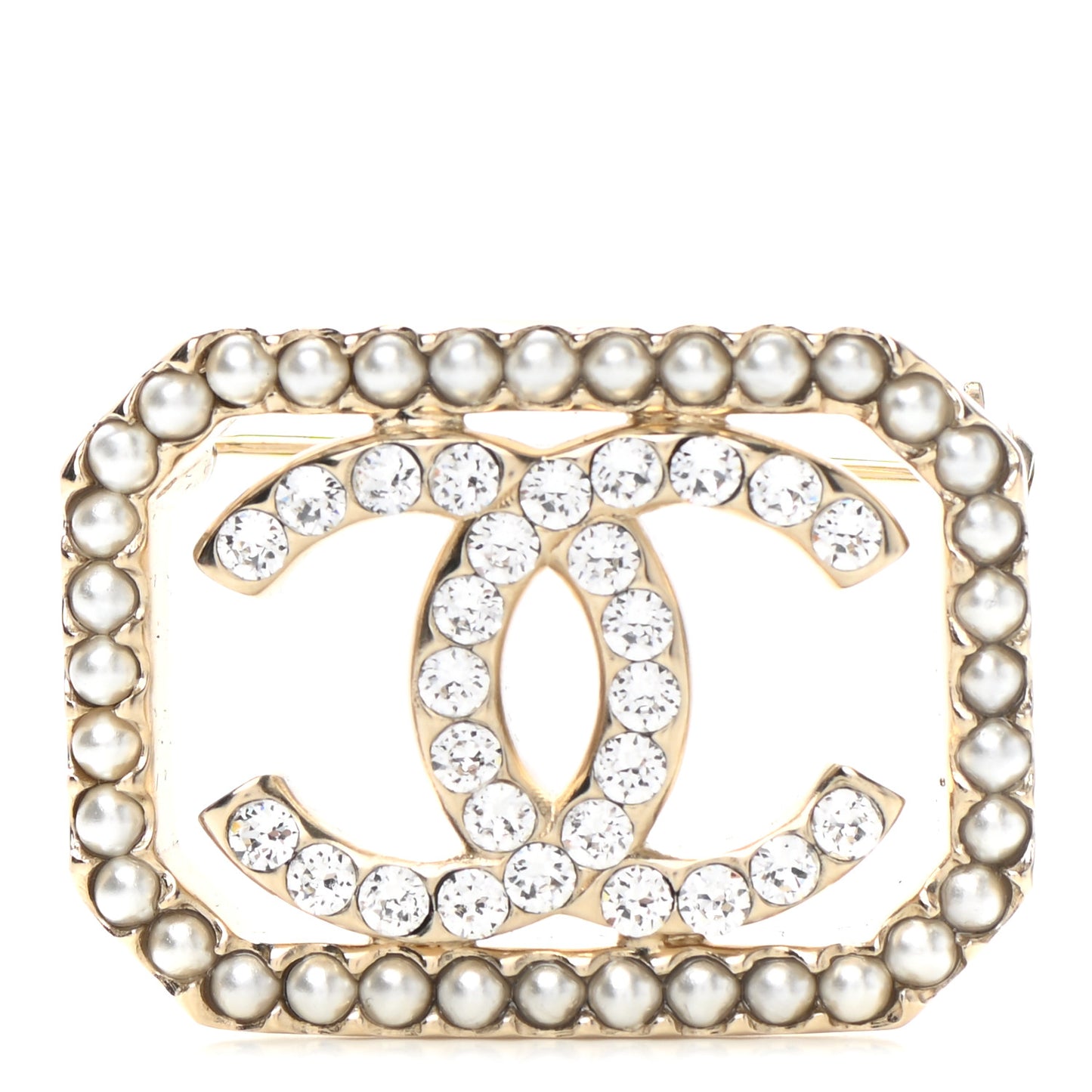 Pearl Crystal CC Brooch Gold
