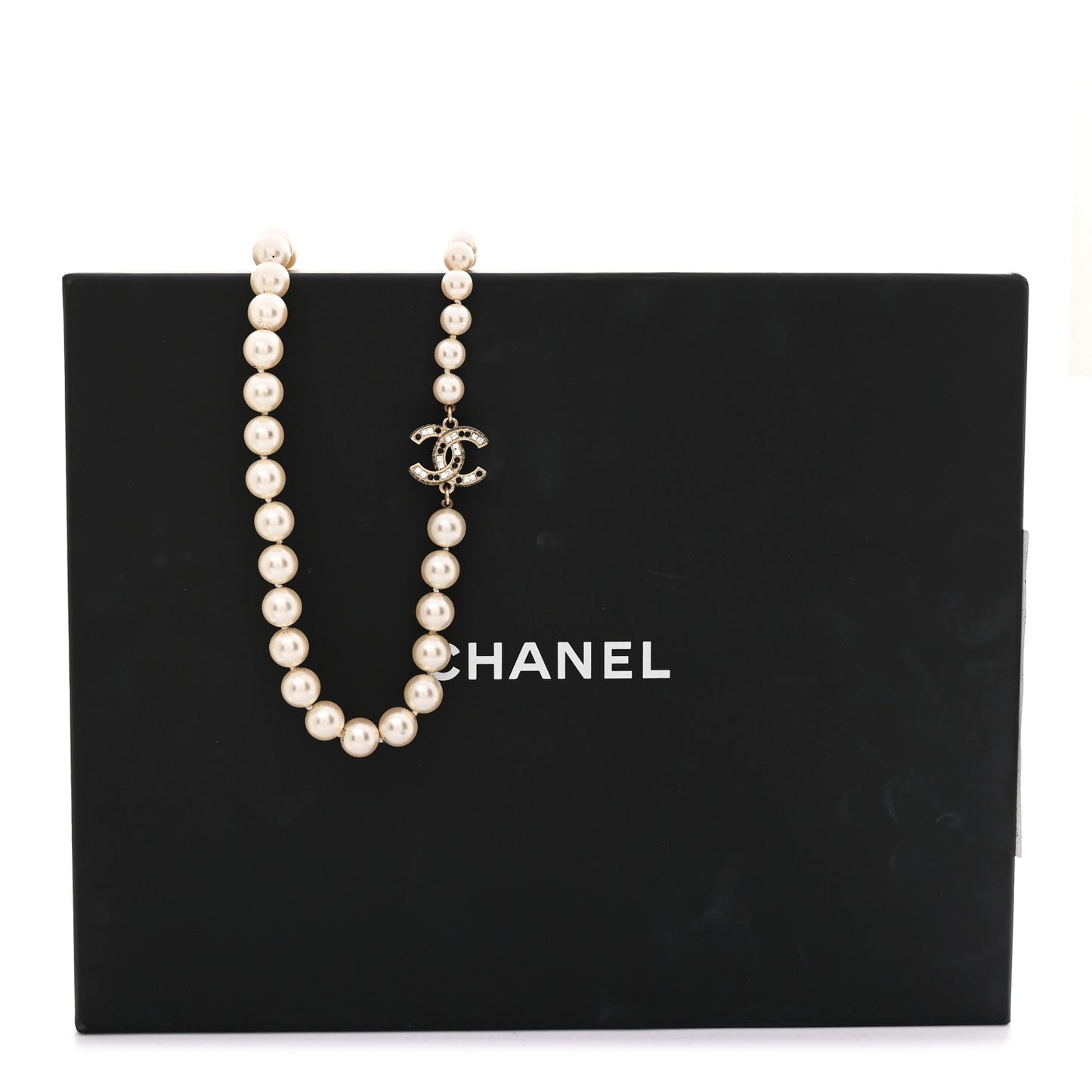 Baguette Crystal Pearl CC Long Necklace Black Gold