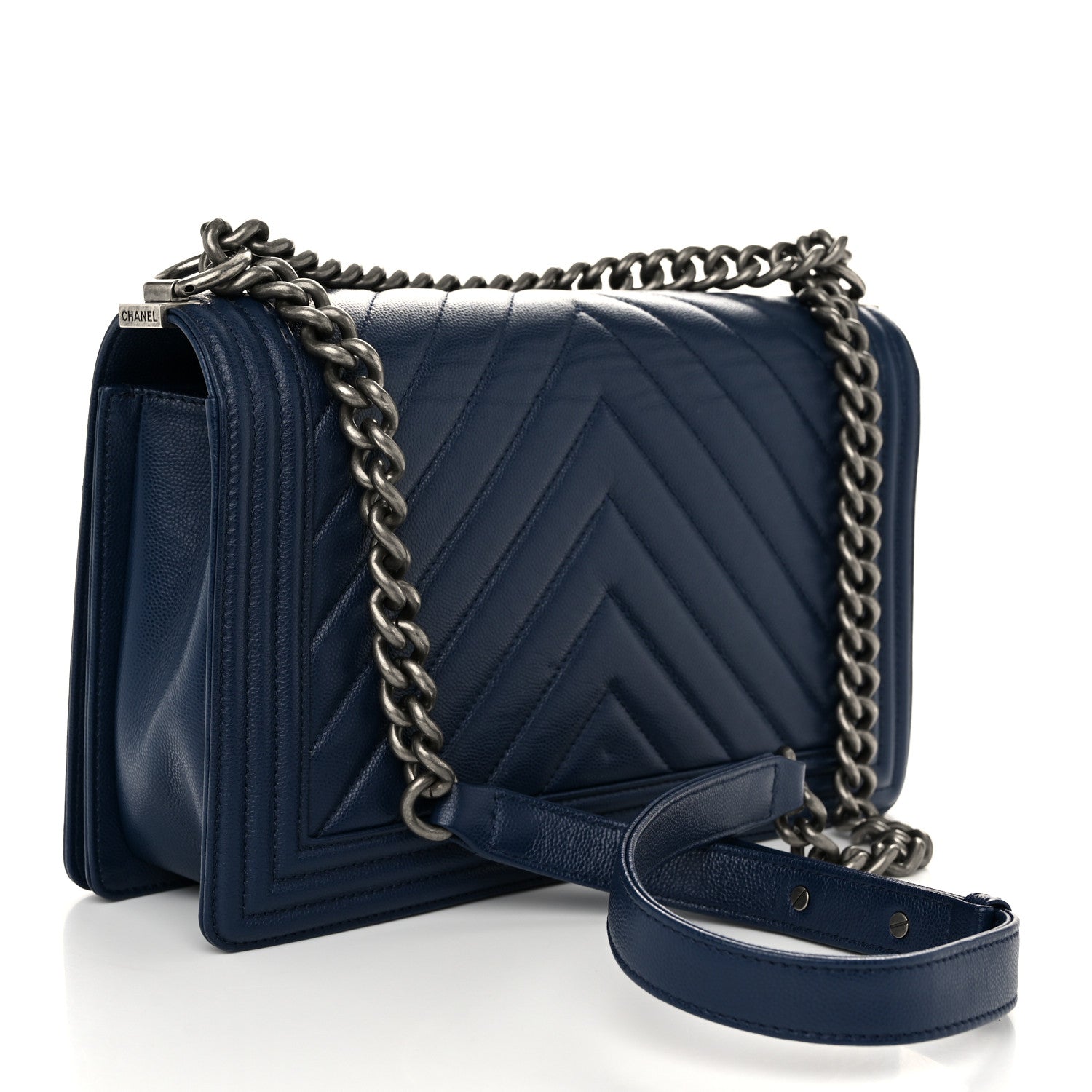 Chanel Caviar Chevron Quilted New Medium Boy Flap Dark Navy Blue 3 of 11