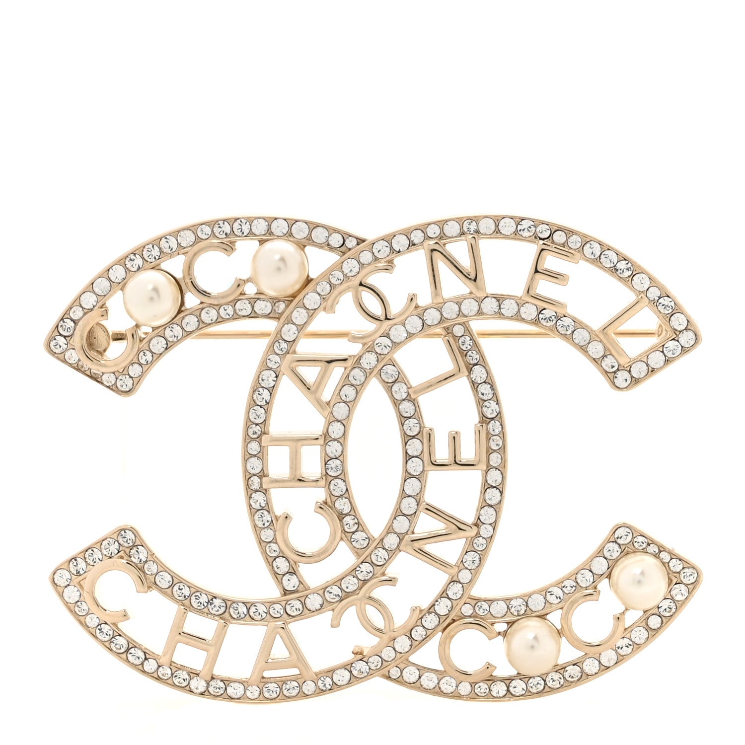 Chanel Crystal Pearl Coco CC Logo Brooch Gold 1 of 4