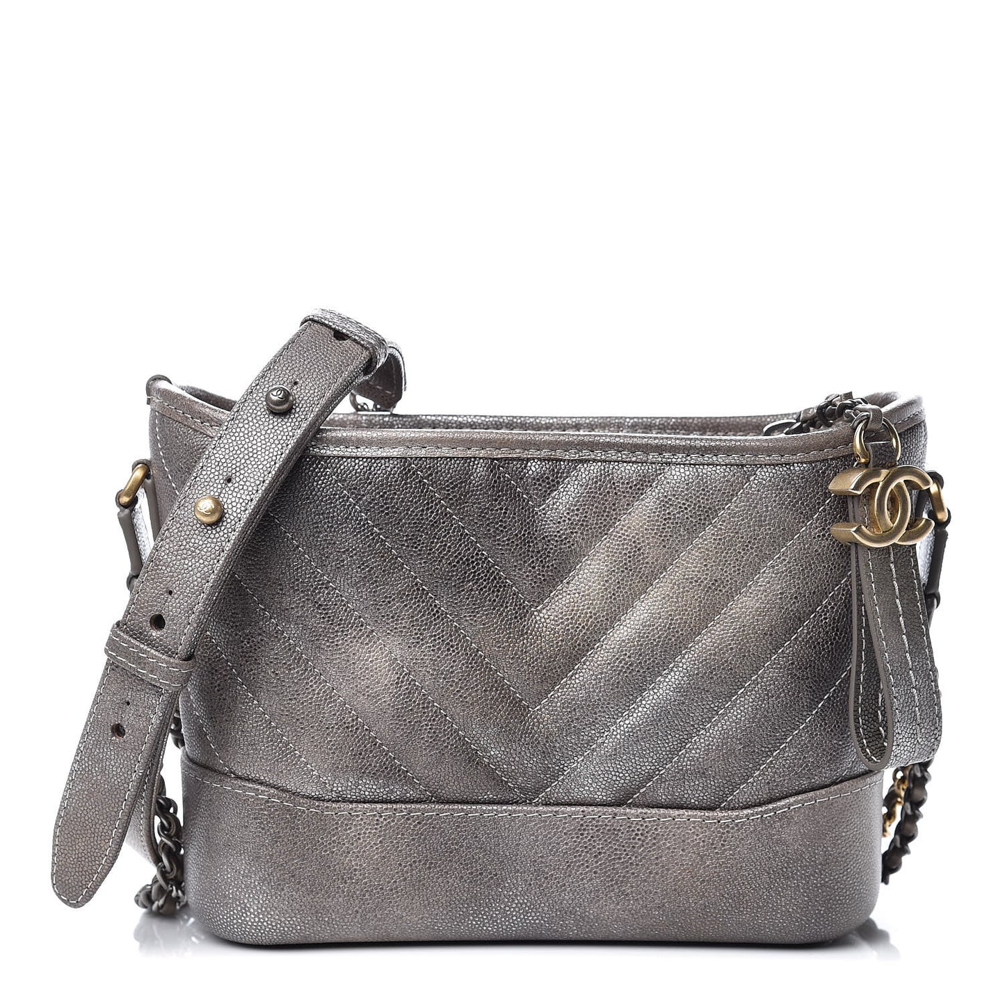 Metallic Caviar Chevron Quilted Small Gabrielle Hobo Light Silver Gold