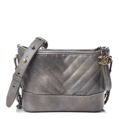 Chanel Metallic Caviar Chevron Quilted Small Gabrielle Hobo Light Silver Gold 1 of 8
