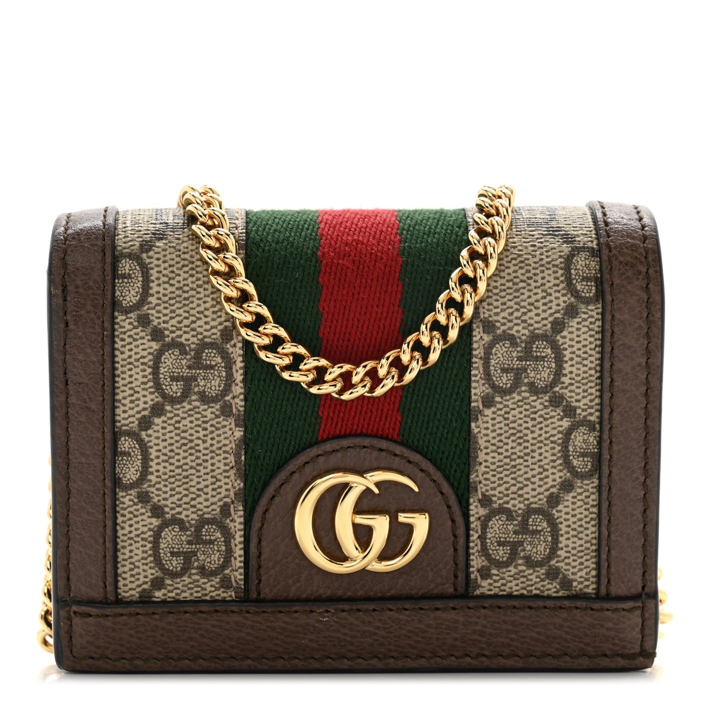 GG Supreme Monogram Web Ophidia Chain Card Case Wallet Beige New Acero