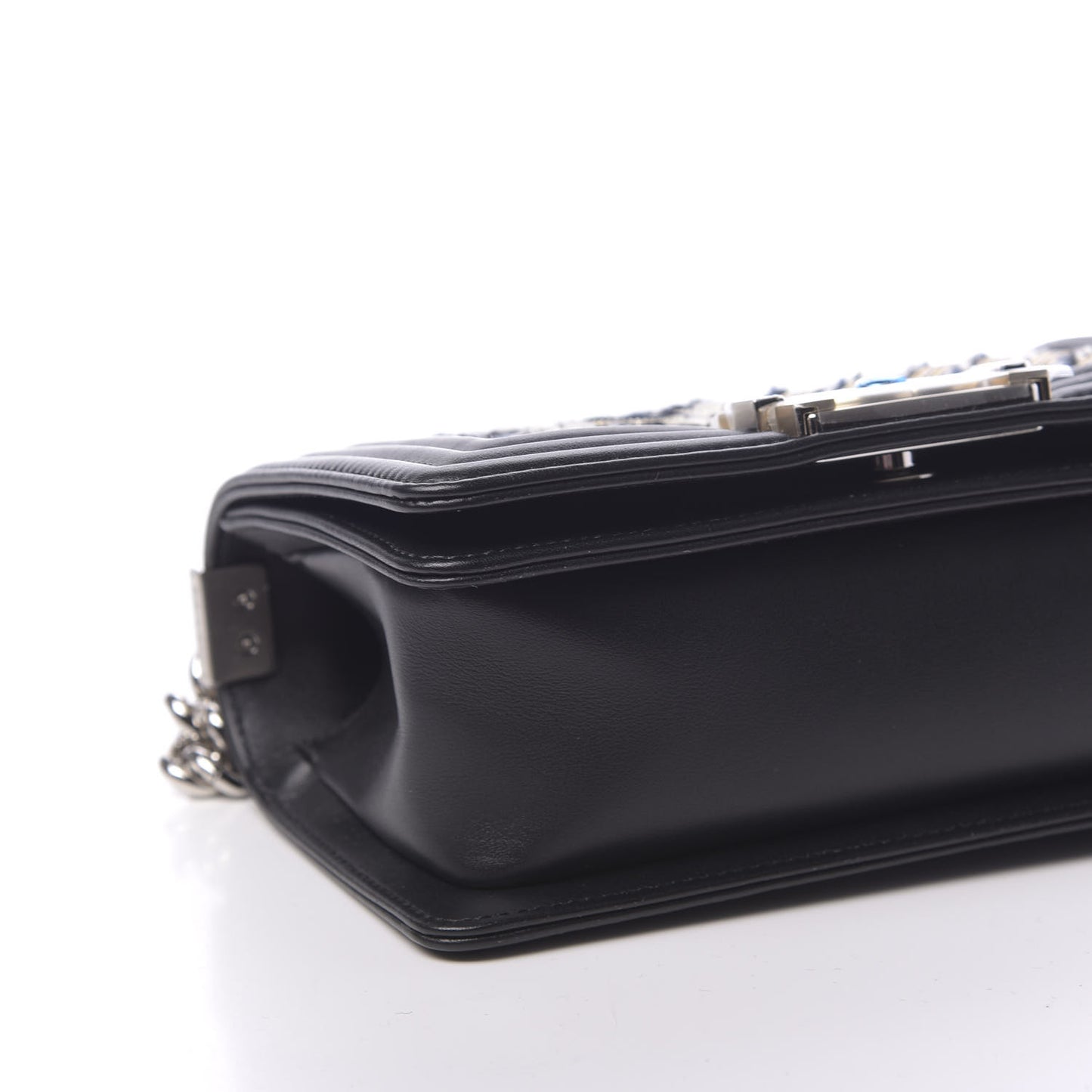 Calfskin Tweed Chain Chevron Small Boy Flap Black