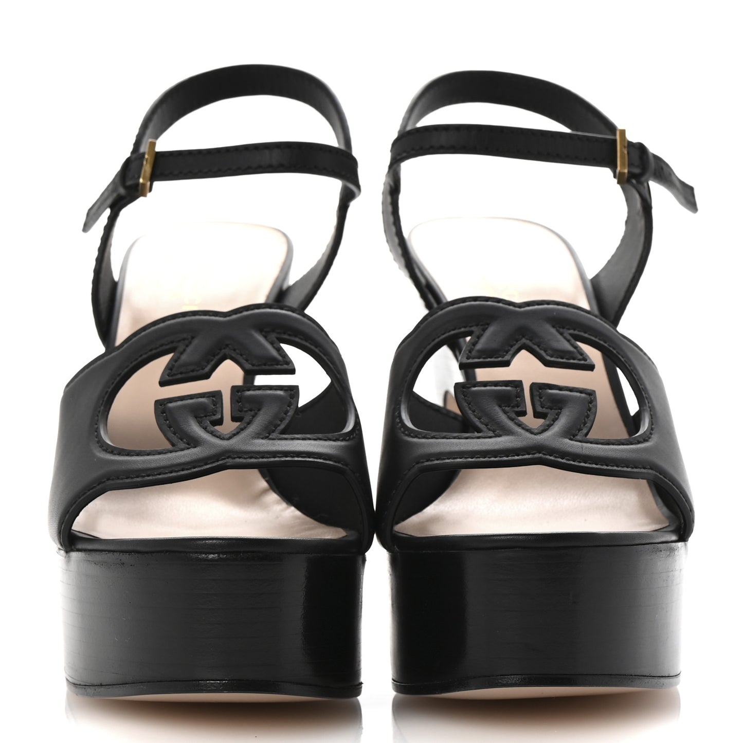 Cosmos Softy Calfskin Wooden Interlocking G Cut-Out 30/120mm Platform Sandals 40.5 Black