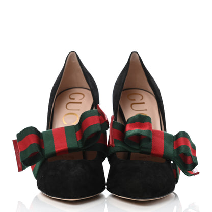 Gucci Kid Scamosciato Removable Web Bow High Heel Pumps 37.5 Black 2 of 4